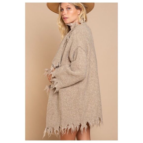 WOOL Blend Cardigan with distressed hemline in Taupe - Picture 6 of 11